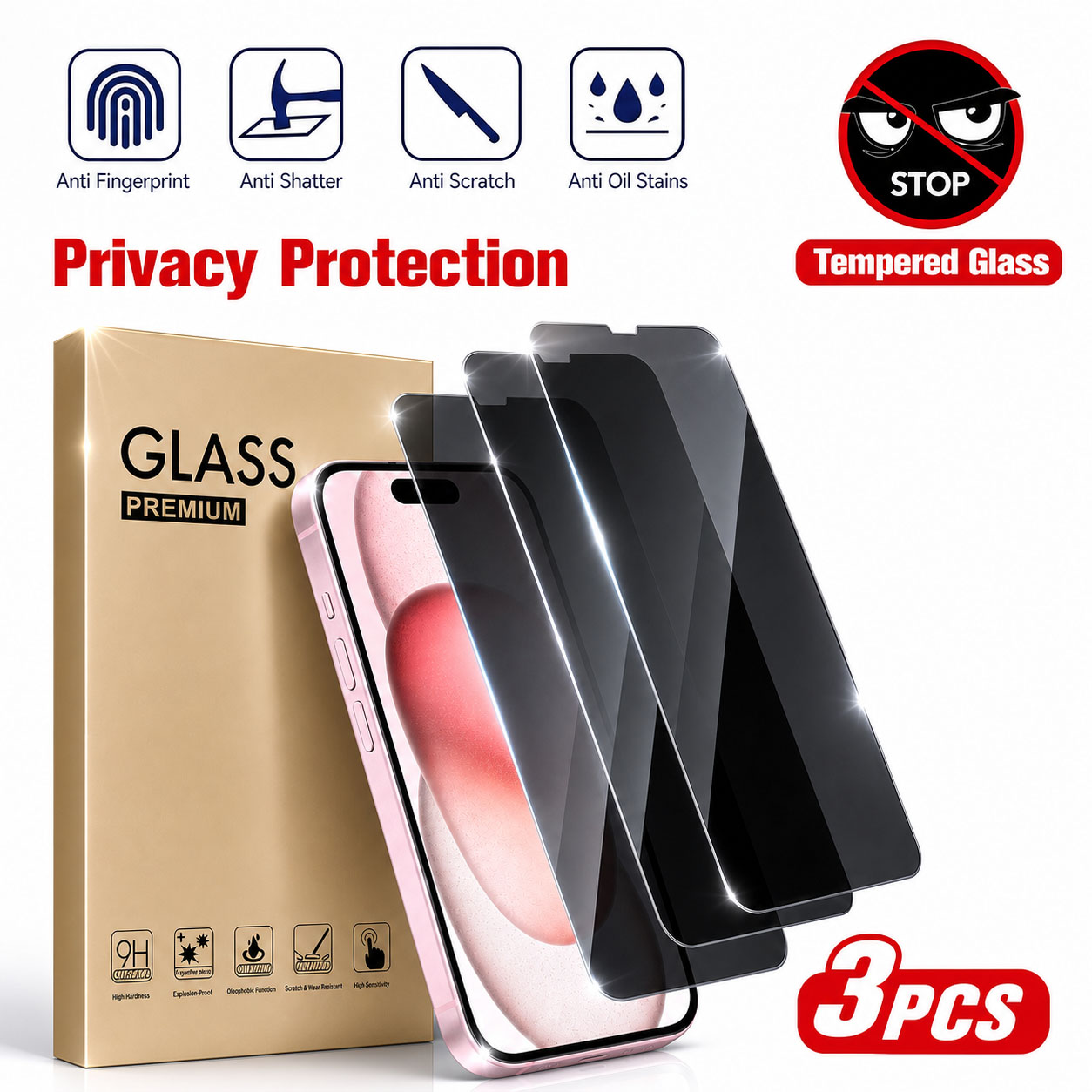 Anti Spy Privacy Glass Case - 3 adet Gizlilik Ekran Koruyucu, Apple