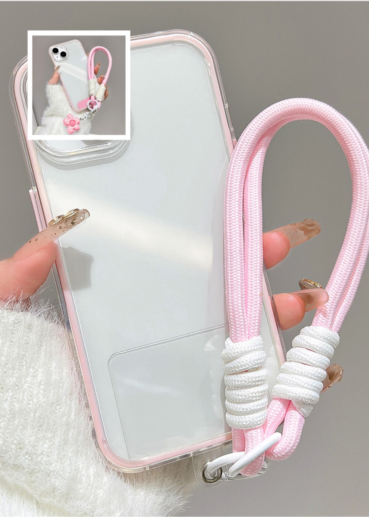 Clear Shockproof Bumper Case - Lüks Şeker Renkli Kordonlu Telefon Kılıfı